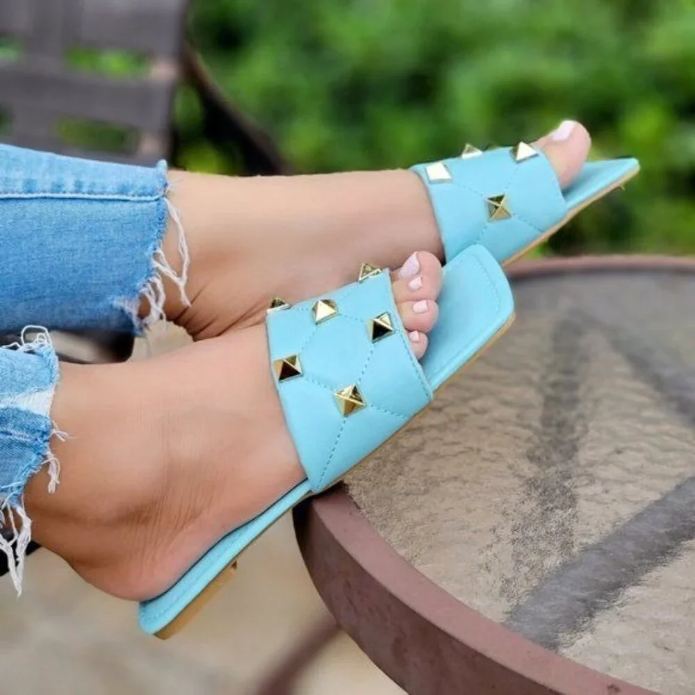 Women’s Blue Quilted Flat Slip-On Sandals Rockstud Shoes